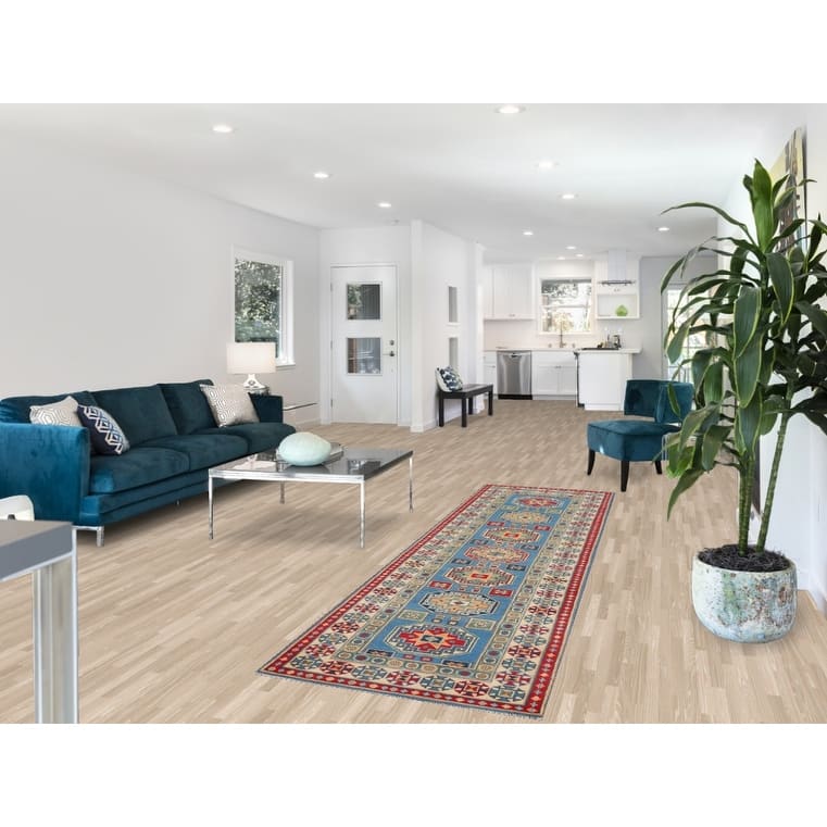 Blue Geometric Kazak Runner Rug Hand-Knotted Oriental Wool Carpet - 2'8" x 9'6"