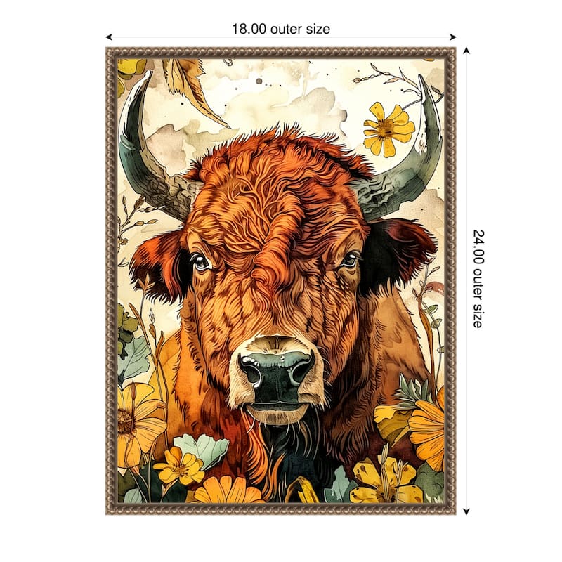 Buffalo in Flowers by Justyna Jaszke Framed Canvas Wall Art - 18 x 24 in
