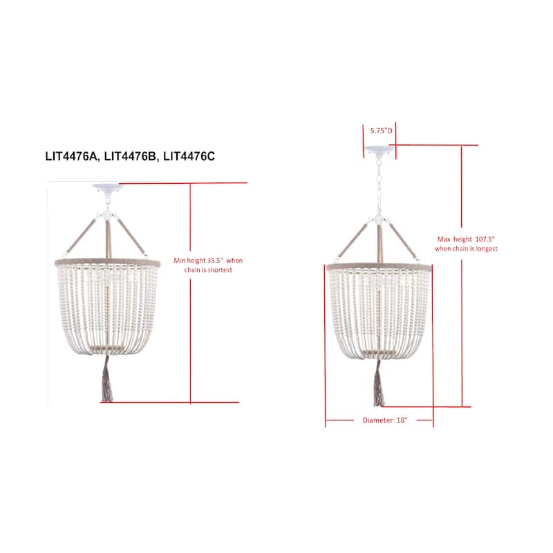 SAFAVIEH Lighting Evdokija Beaded 3-Light Cream Adjustable Pendant Lamp - 18"x18"x35.5 -107.5"