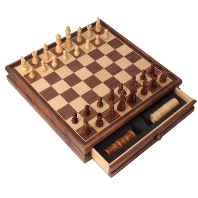 15" Large Wooden 2-in-1 Chess and Checkers Board Game Combo Set with Drawer