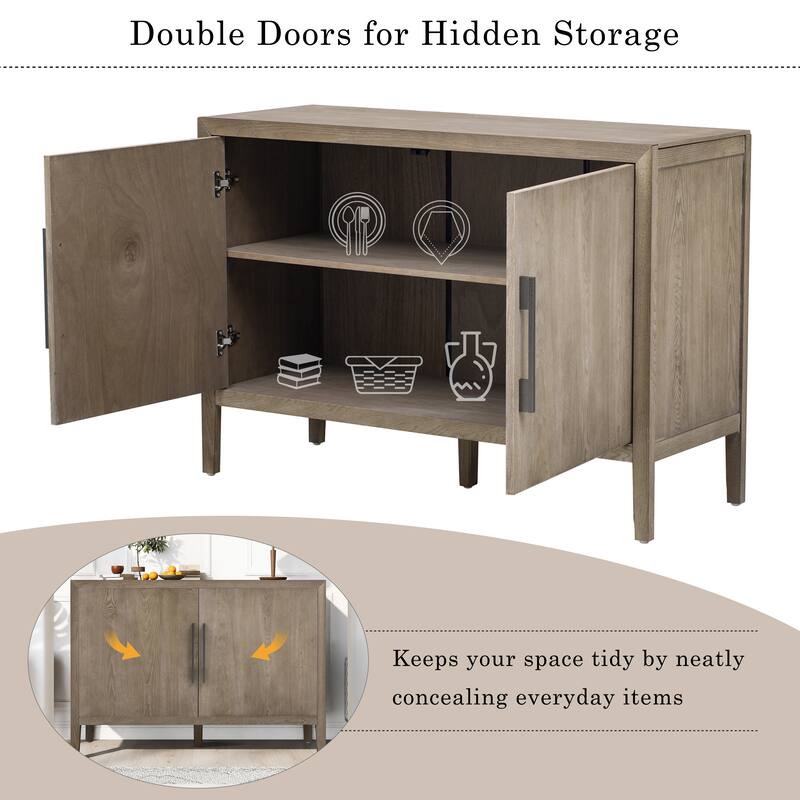 47.2" Farmhouse Wooden Sideboard with Ash Veneer, Double Doors & Iron Handles, Retro Buffet Storage Cabinet