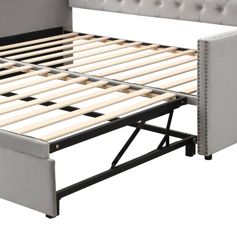 Gray Twin Upholstered Daybed with Pop-Up Trundle, Converts to King Size
