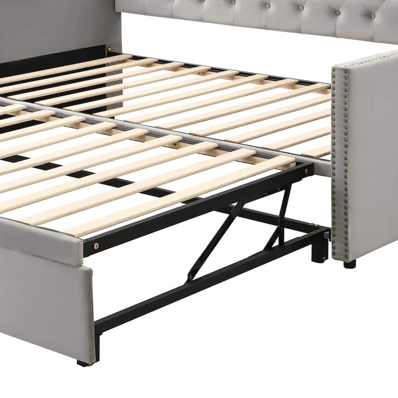 Gray Velvet Daybed Twin Sofa Bed w/ Pop Up Trundle, Upholstered Backrest, 2 Square Armrests, Convertible King Bed, Nailhead Trim