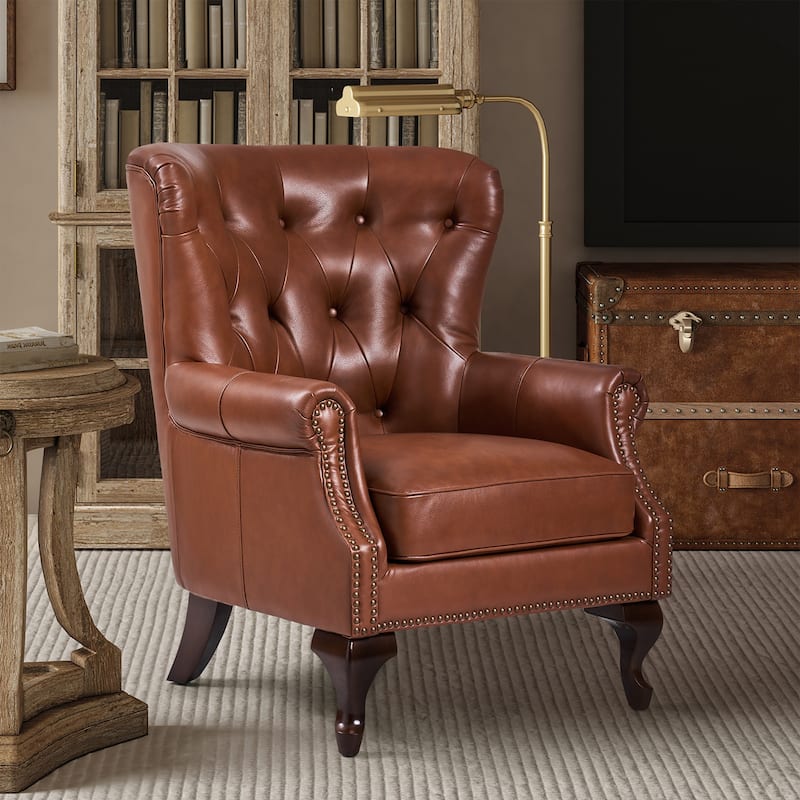 Gerhard Genuine Leather Armchair with Nailhead Trims and Removable Cushion by HULALA HOME