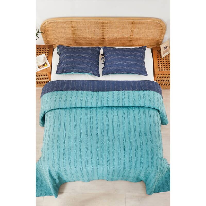 Melange Hand Stitched Kantha Reversible Navy/Turquoise Coverlets and Shams