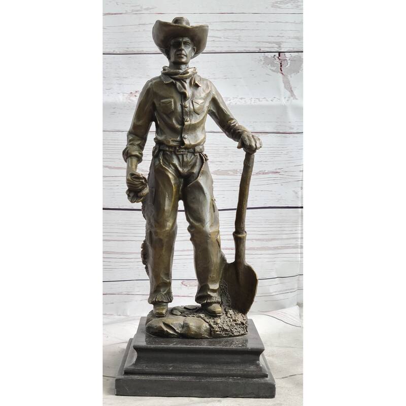 Cowboy In Chaps Holding Shovel Bronze Statue Sculpture Figure Country Western 12 Inches X 5 Inches