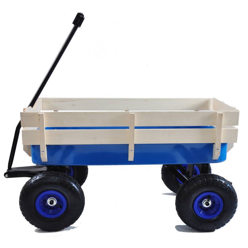 Outdoor Wagon All Terrain Pulling with Wood Railing Air Tires Children Kid Garden - Blue