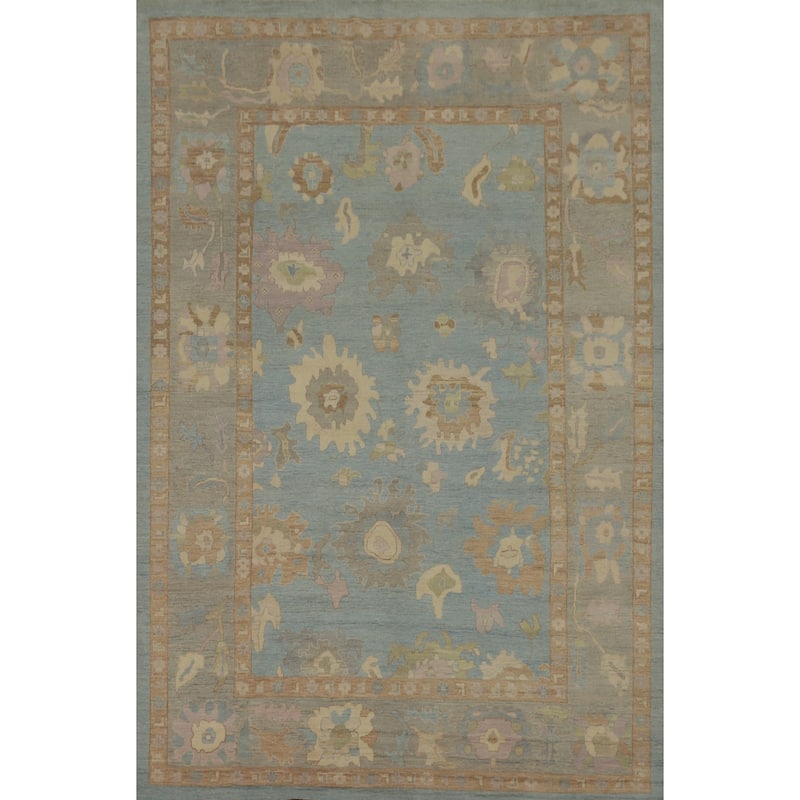 Handmade Blue Oushak Vegetable Dye Large Rug, Flora Geometric Carpet - 13' 8'' X 9' 10''