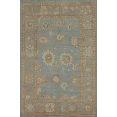 Handmade Blue Oushak Vegetable Dye Large Rug, Flora Geometric Carpet - 13' 8'' X 9' 10''