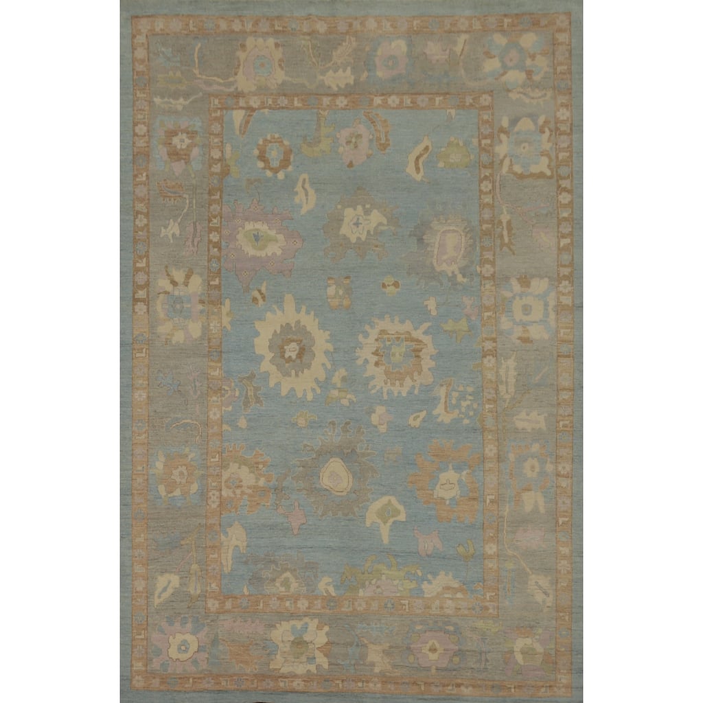 Handmade Blue Oushak Vegetable Dye Large Rug, Flora Geometric Carpet - 13' 8'' X 9' 10''