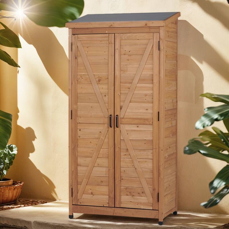 Outdoor Wooden Storage Shed with Metal Top - Brown