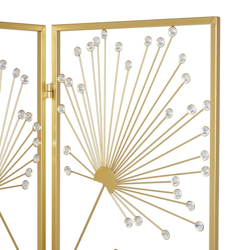 Metal Floral Hinged Foldable Partition 3 Panel Room Divider Screen with Crystal Embellishments - Gold - Roche River Decor