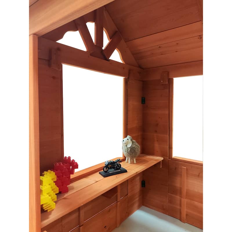 All Wooden Kids Playhouse with 2 windows and flowerpot holder,42"Lx46"Wx55"H,Golden Red