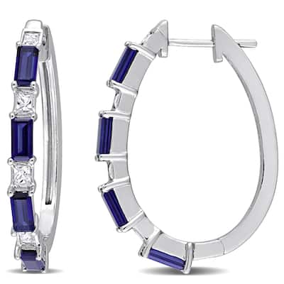 Miadora Baguette & Square-cut Created Blue & White Sapphire Oval Hoop Earrings in Sterling Silver