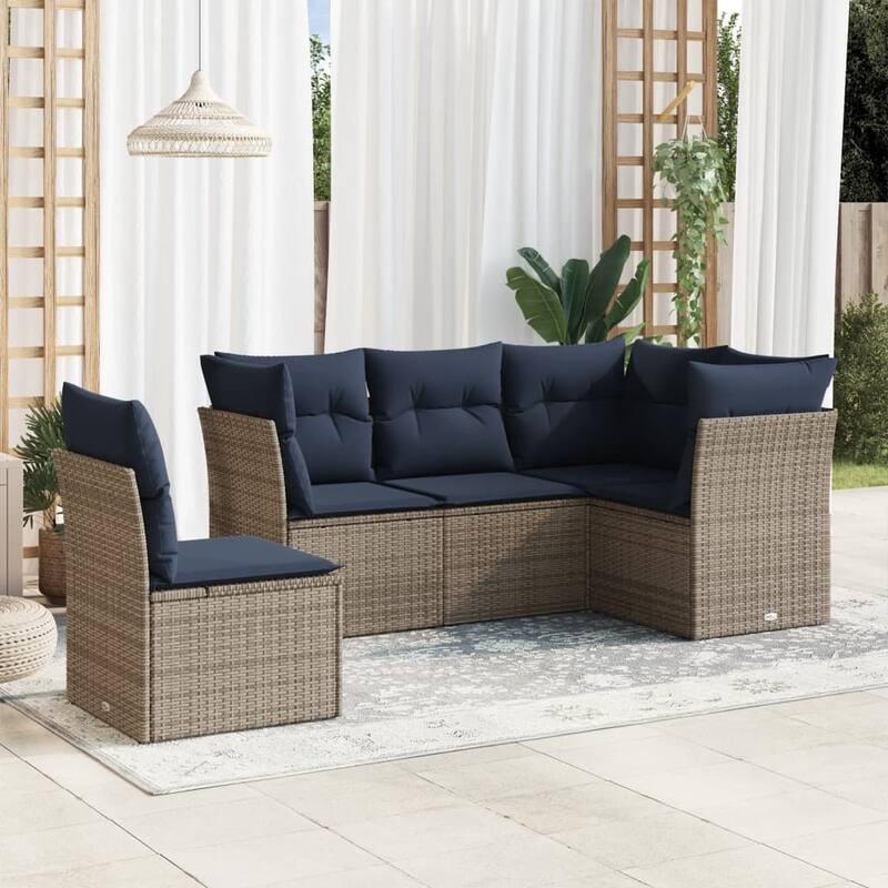 vidaXL 5/6 Piece Patio Sofa Set with Cushions Brown/Gray Poly Rattan - 24.4 x 24.4 x 27.2 - Beige and gray Without table