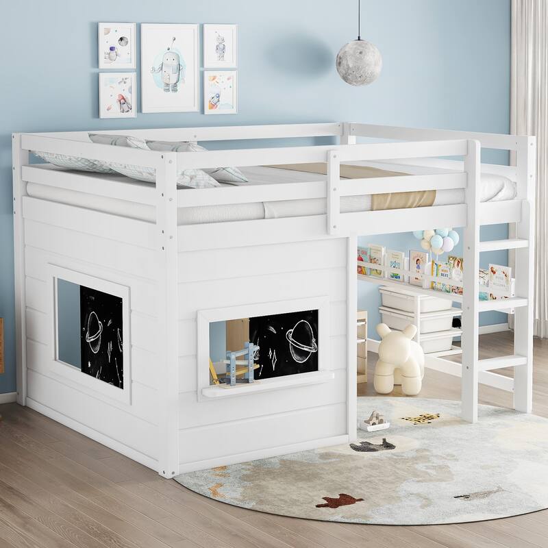 Kids Playful Loft Bed with Built-in Bookshelf and Sliding Chalkboard - White - Full