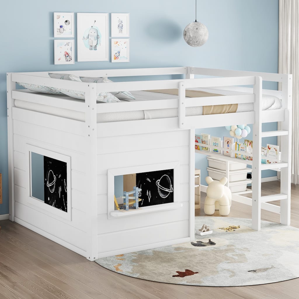 Kids Playful Loft Bed with Built-in Bookshelf and Sliding Chalkboard