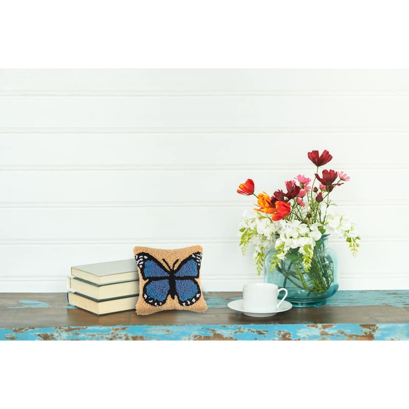 8" x 8" Blue Butterfly Hooked Pillow