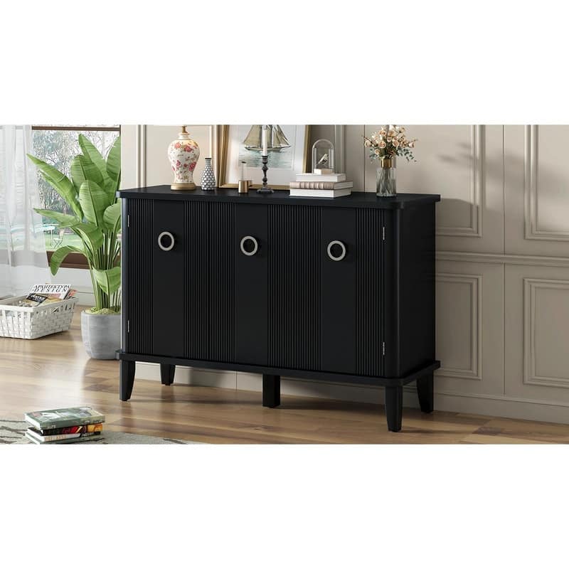 Fraxinus Mandschurica Cabinet with Three Acacia Solid Doors, Adjustable Shelves