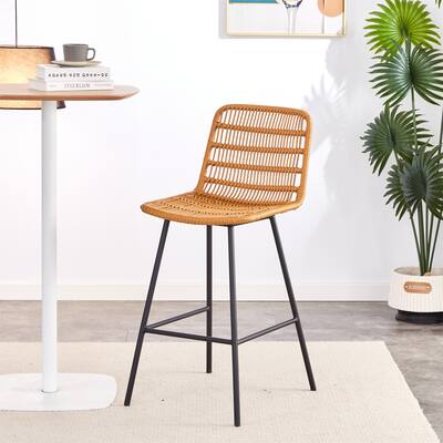 Set of 2 Rattan Bar Stool with Black Metal Frame