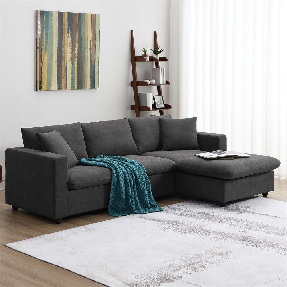 Modern L-shaped 4-seat Sectional Sofa w/ 2 Pillows,Convertible Ottoman