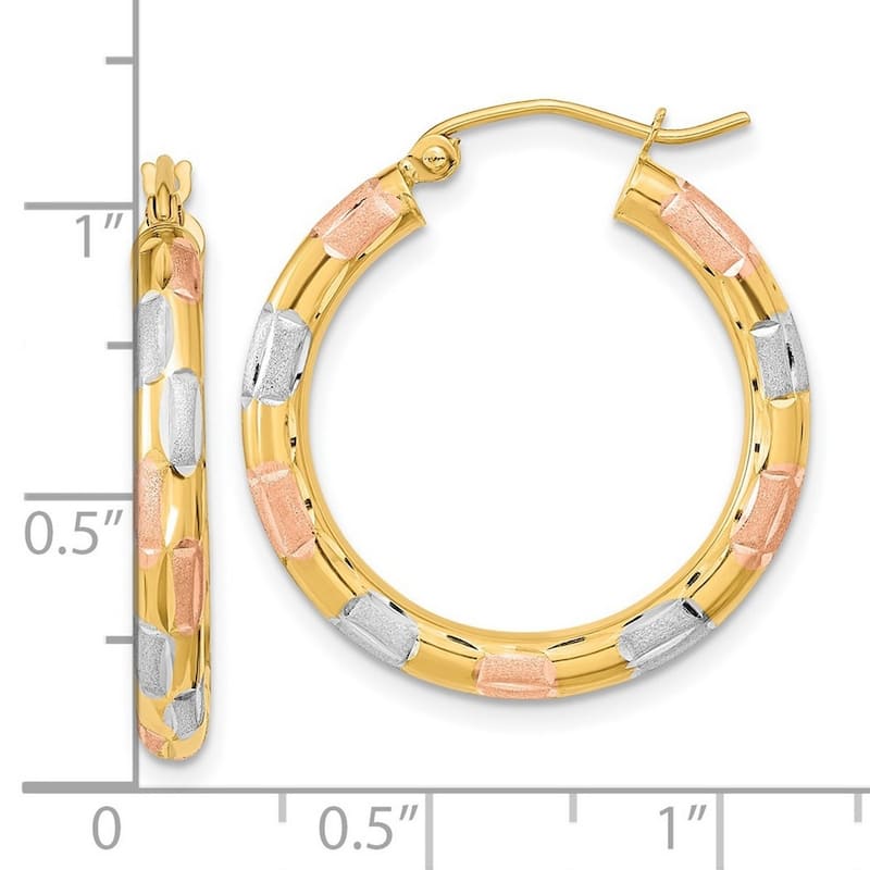 Curata 14k Yellow Gold With White and Rose Rhodium Satin Diamond cut 26x3mm Hoop Earrings