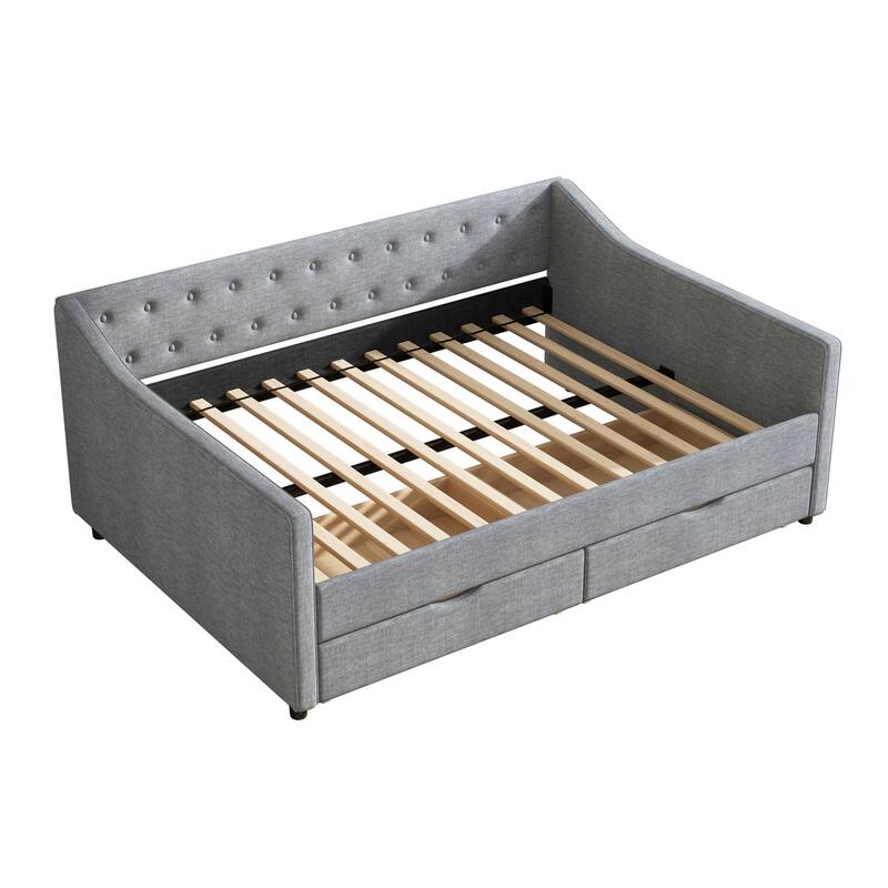 Linen Upholstered Daybed with 2 Drawers, Wooden Platform Sofa Bed Frame with Button Tufted Backrest, No Box Spring Needed