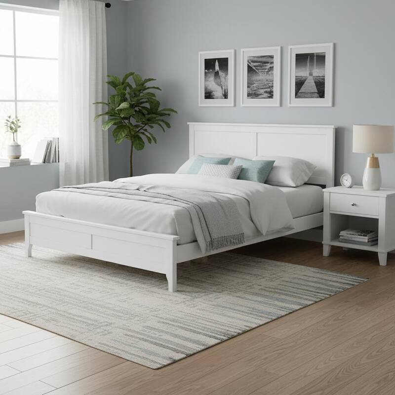 Modern Solid Wood Platform Bed with Tapered Legs and Sturdy Slats Support by Harper&Bright Designs - White - Queen