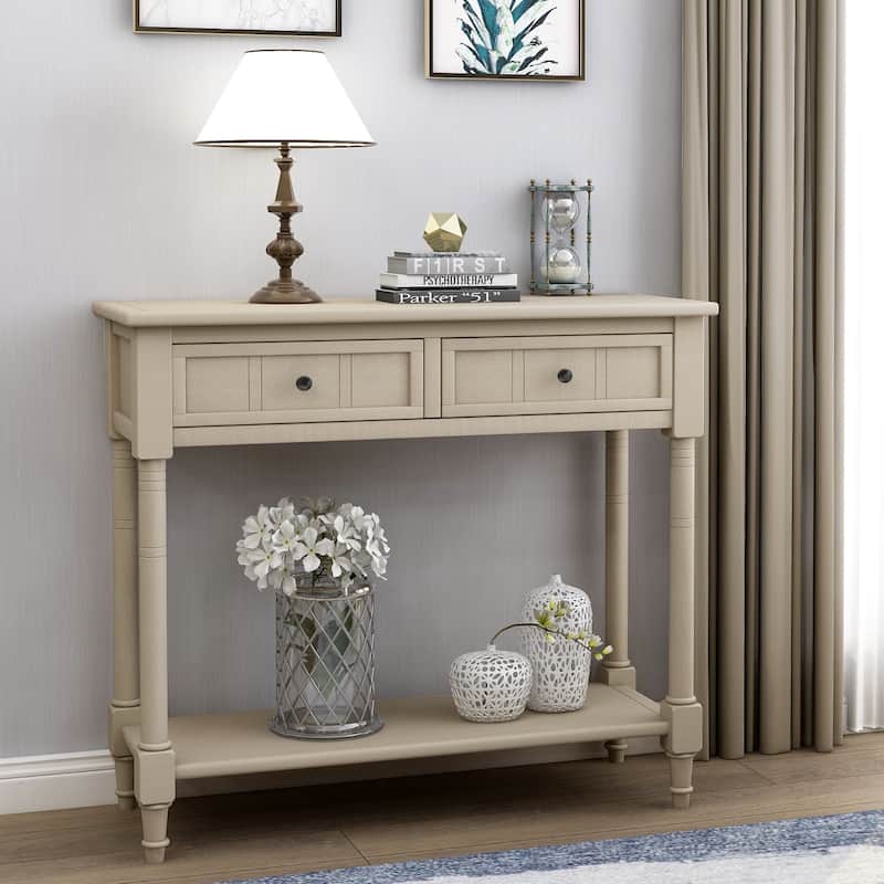 Console Table Vintage Design with Two Drawers and Bottom Shelf , Retro Grey/Espresso