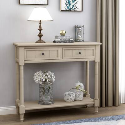 Console Table Vintage Design with Two Drawers and Bottom Shelf , Retro Grey/Espresso