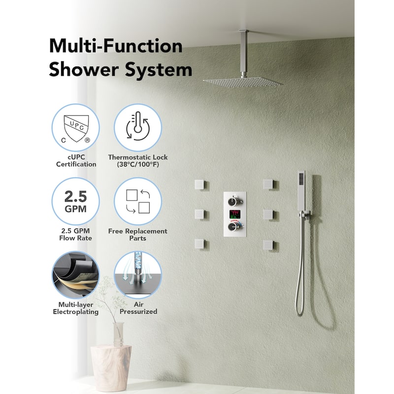 Pressure-Balanced Rainfall Shower System with LCD Display, 12" Ceiling Mount Shower Faucet Set with Body Jets