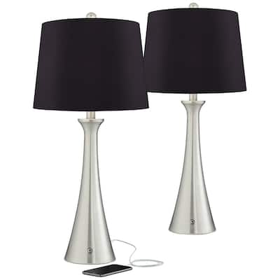 Brushed Nickel Black Shade Lamps Set of 2 with USB and Outlet - 27" x 14"