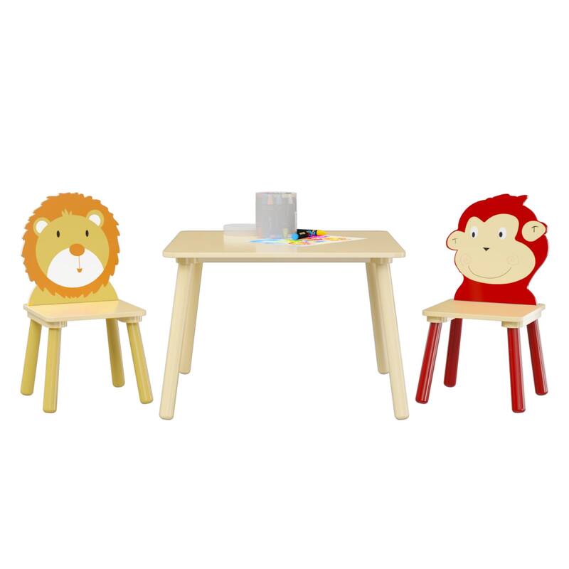 Kids Table and 2 Chairs Set, 3 Pieces Toddler Table and Chair Set, Wooden Activity Play Table Set (Bear&Tiger)
