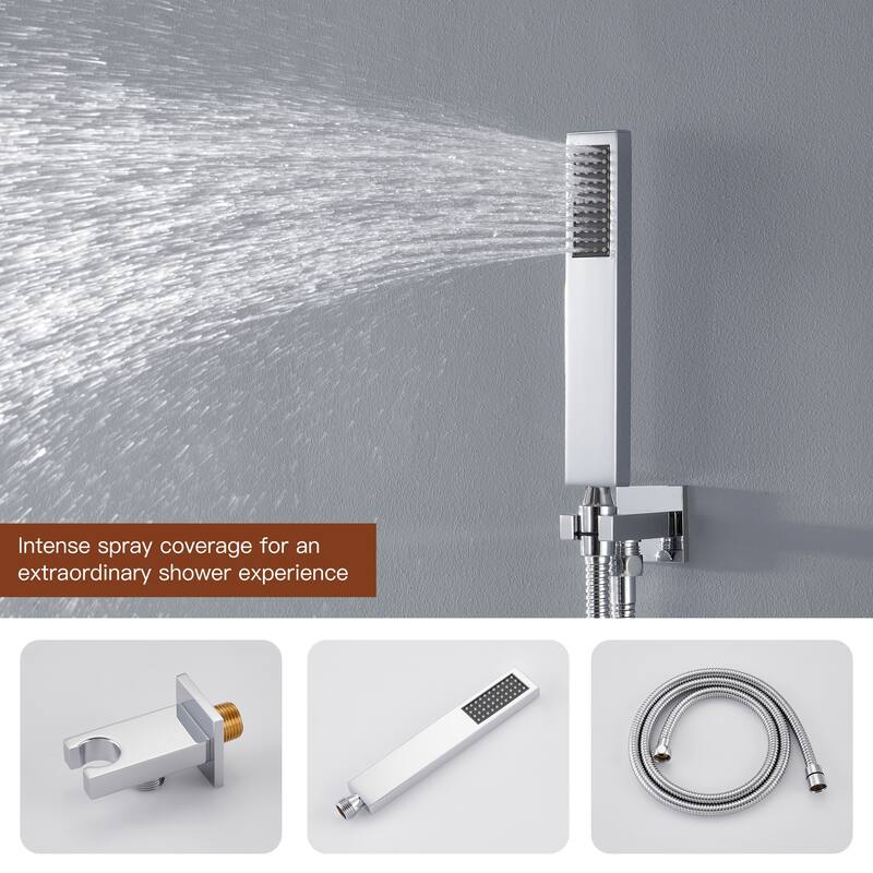 Luxury 4-Spray Patterns 23 in. Ceiling Mount Shower System with Handheld Shower Head, 6 Body Jets, LED, and Music - 15" x 23"