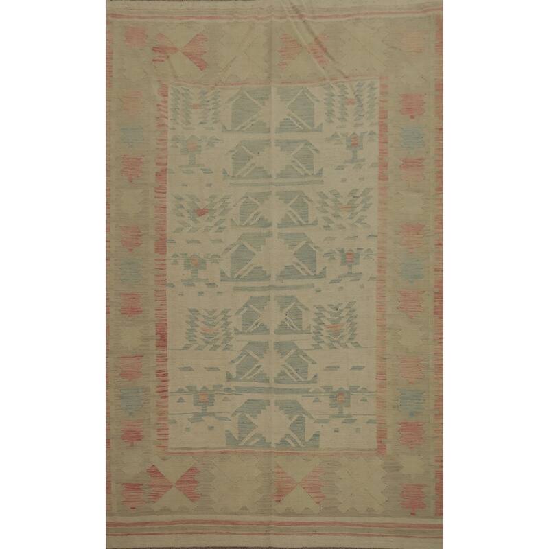 Hand Woven Oriental 100% Wool Carpet Southwestern Tribal Beige & Ivories Kilim Area Rug - 8' 11'' X 5' 10''