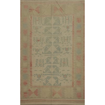 Hand Woven Oriental 100% Wool Carpet Southwestern Tribal Beige & Ivories Kilim Area Rug - 8' 11'' X 5' 10''