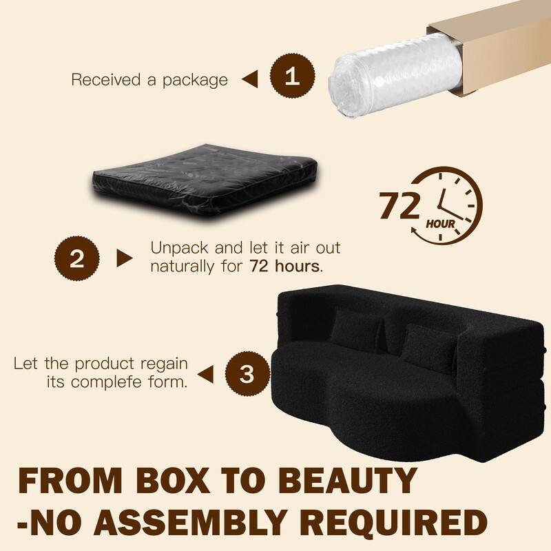 Modern 78.7" Floor Sofa With 2 Pillows For Small Pace Living Room, Convertible Sleeper Sofa Bed - Black Teddy Fabric