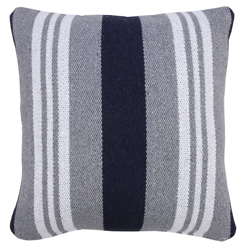 20" White and Blue Double Striped Square Throw Pillow