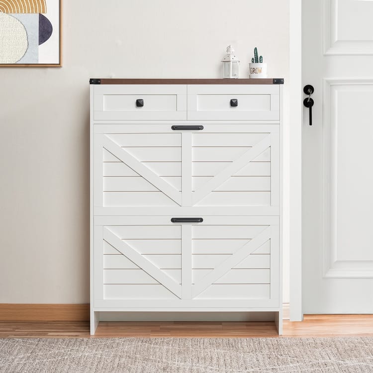 Farmhouse Shoe Cabinet with 2 Flip Drawers and 2 Storage Drawers – Slim Entryway Shoe Storage Cabinet, Narrow Shoe Organizer