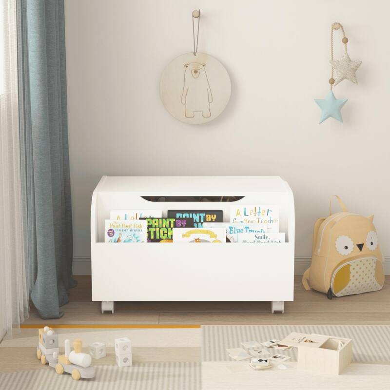 Wooden Toy Box with 4 Universal Wheels with Front Bookshelf