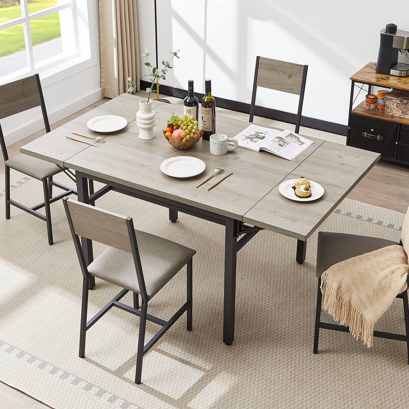Modern Industrial 63.2'' Extendable Dining Table w/Drop Leaf, Seats 6 - Grey & Black