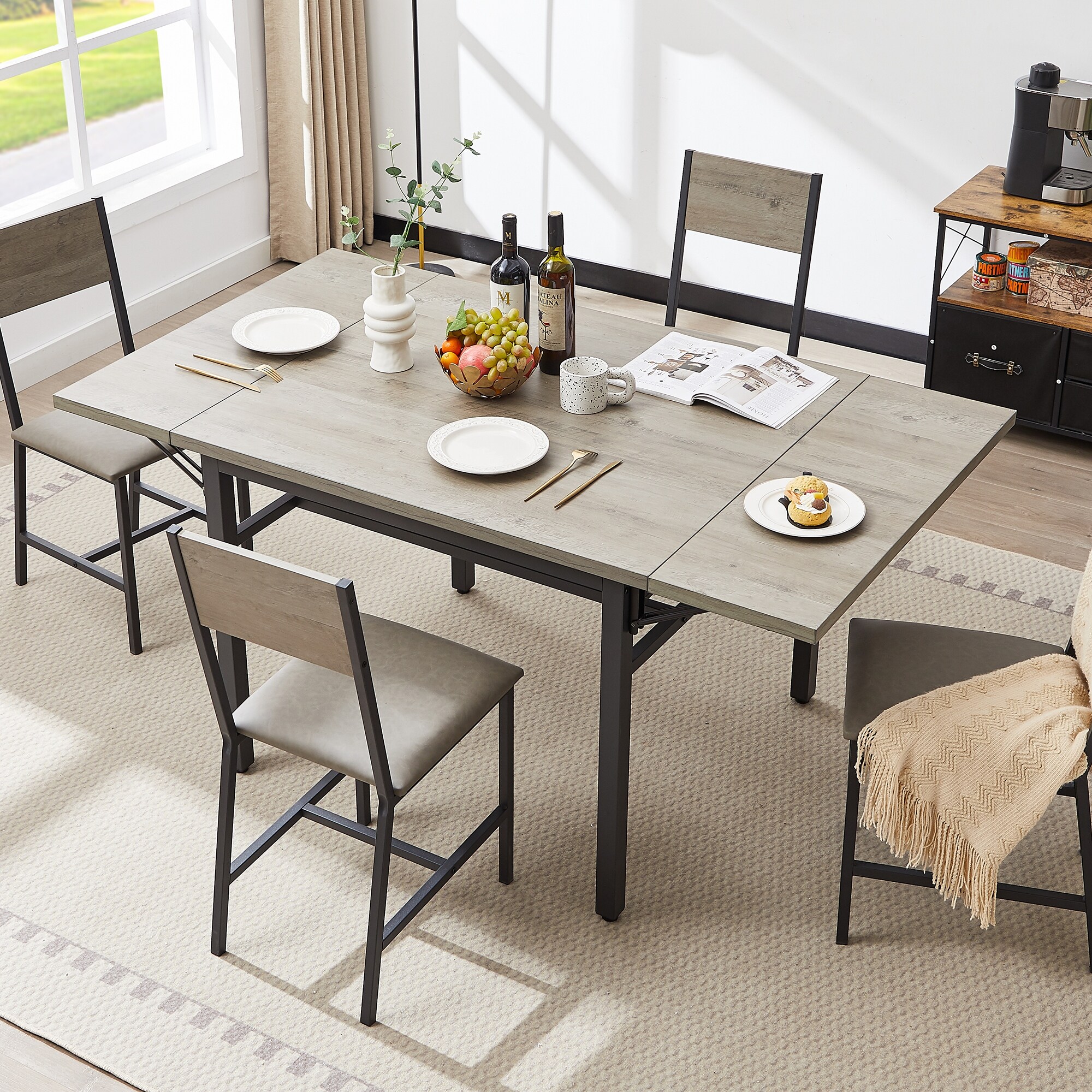 Modern Industrial 63.2 Extendable Dining Table w Drop Leaf Seats 6