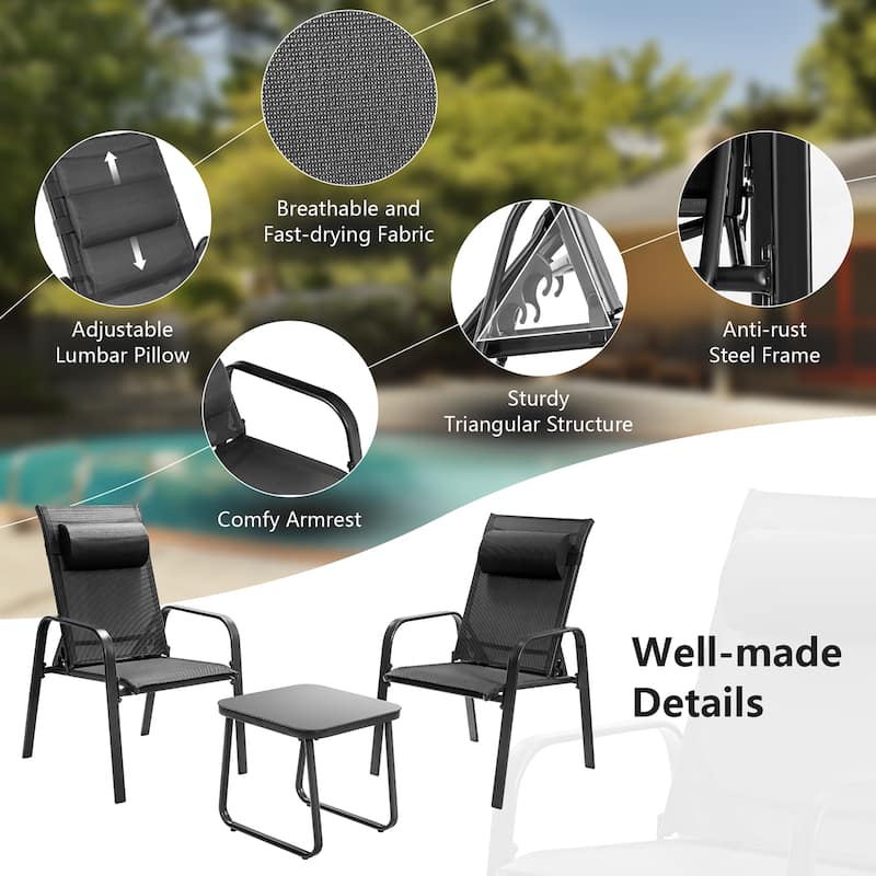 3 PCS Patio Bistro Set Stackable Patio Chairs with Glass Coffee Table