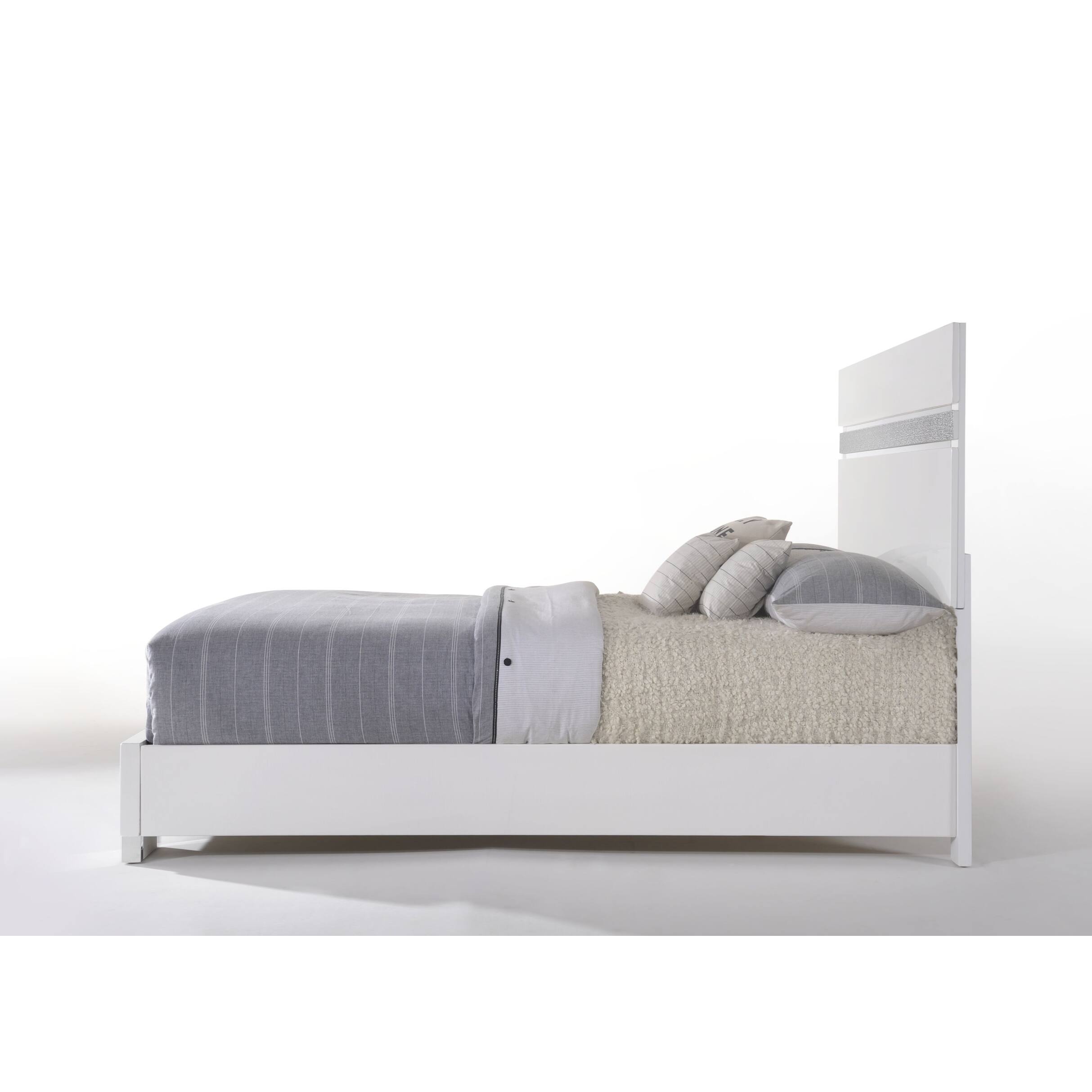 Naima II Queen Wood Panel Bed in White High Gloss&Sparkling Acrylic