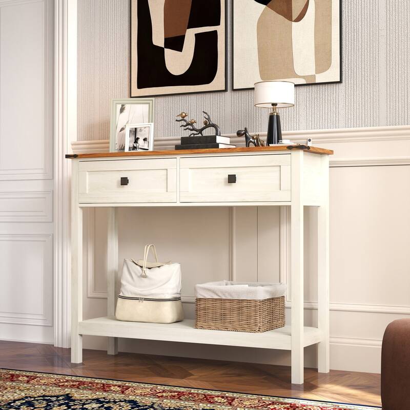 Farmhouse Style Console Table with 2 Drawers and Storage Shelf for Entryway Living Room Antique White
