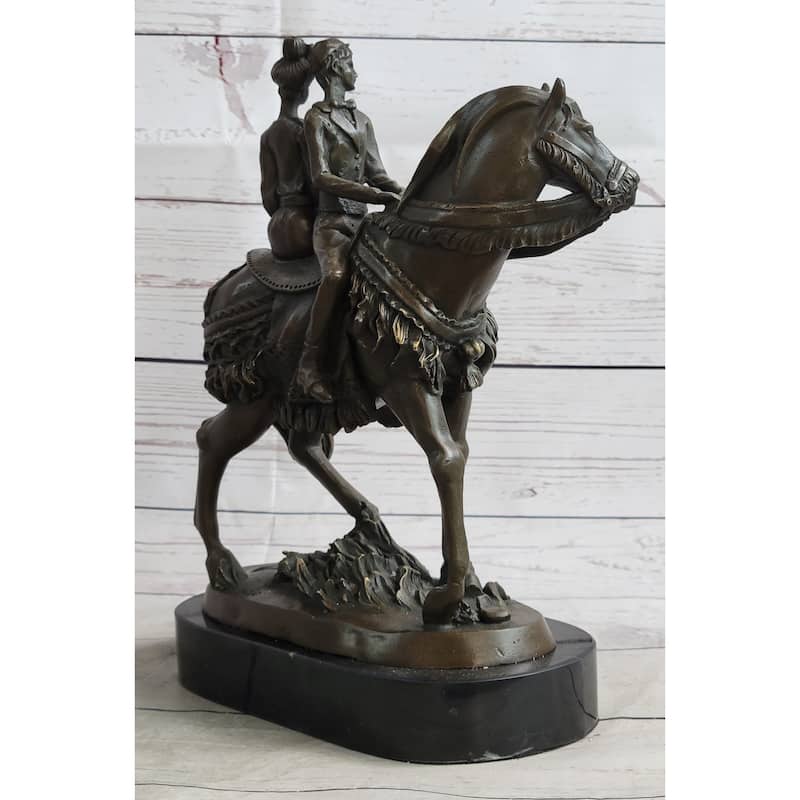 Elegant Bride And Groom On Imitative Horse Back Solid Bronze Sculpture By Milo Hand Made