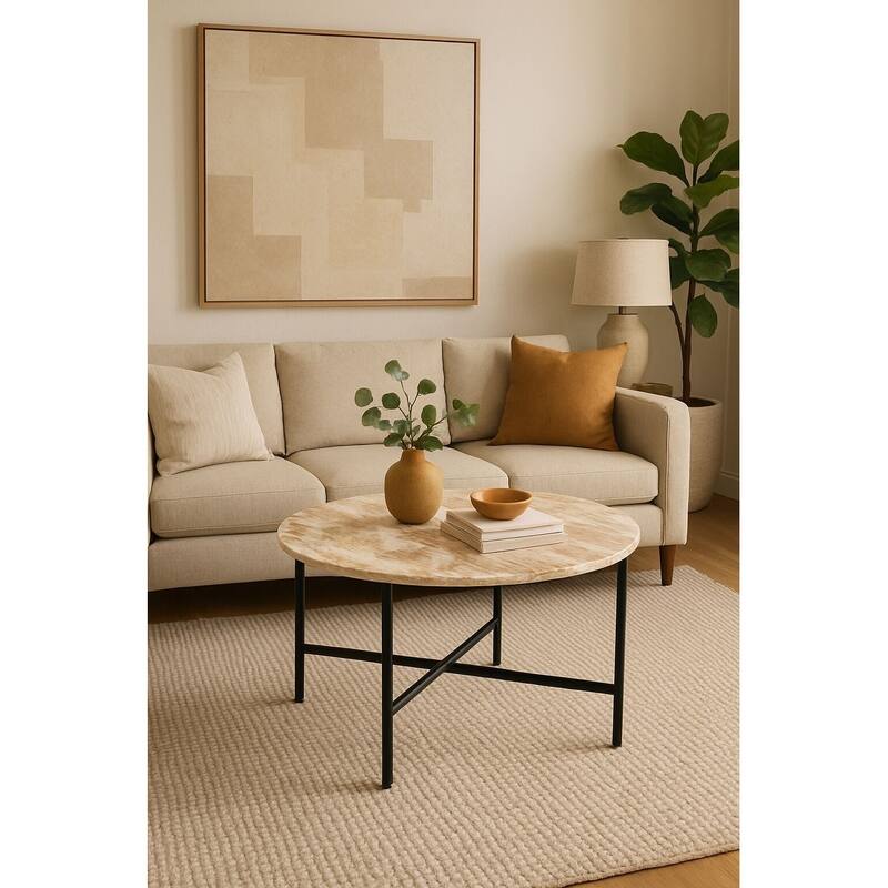 Marble Nesting Table with Metal Frame 17 Inch Height Space-Saving Modern Side Table - Brown