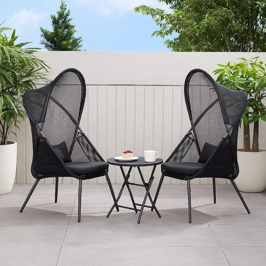 34 Inch Outdoor Foldable Chair, Set of 2, Black Fabric Seat, Steel Frame
