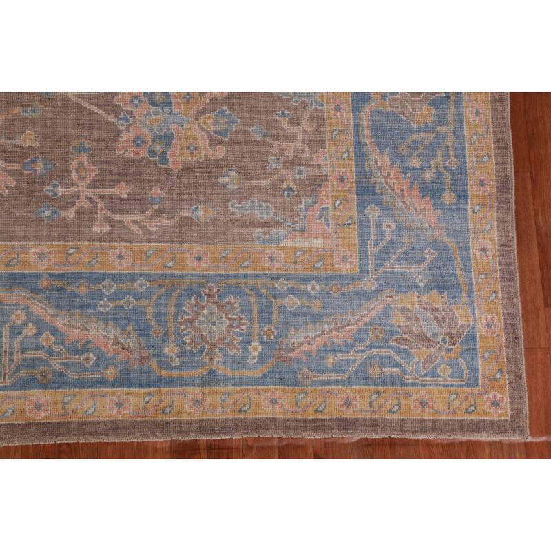 Hand Knotted Oriental 100% Wool Carpet Transitional All-Over Brown Oushak Area Rug - 12' 4'' X 9' 5''