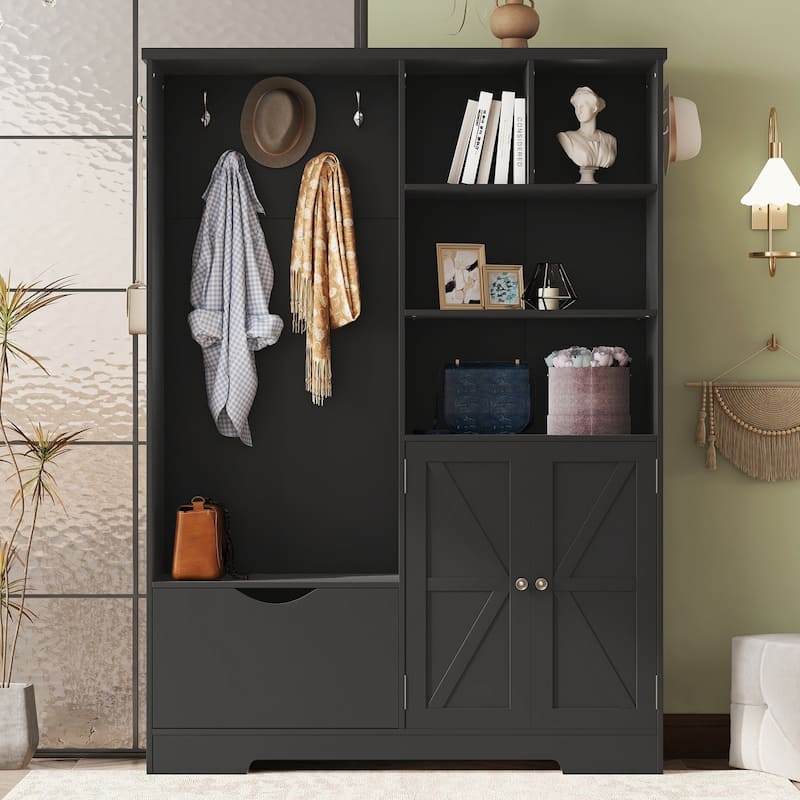 Multi-functional Hall Tree with Storage Shelves Drawers and Cabinet, Elegant Hallway Shoe Cabinet with Bench, Modern Coat Rack - Black